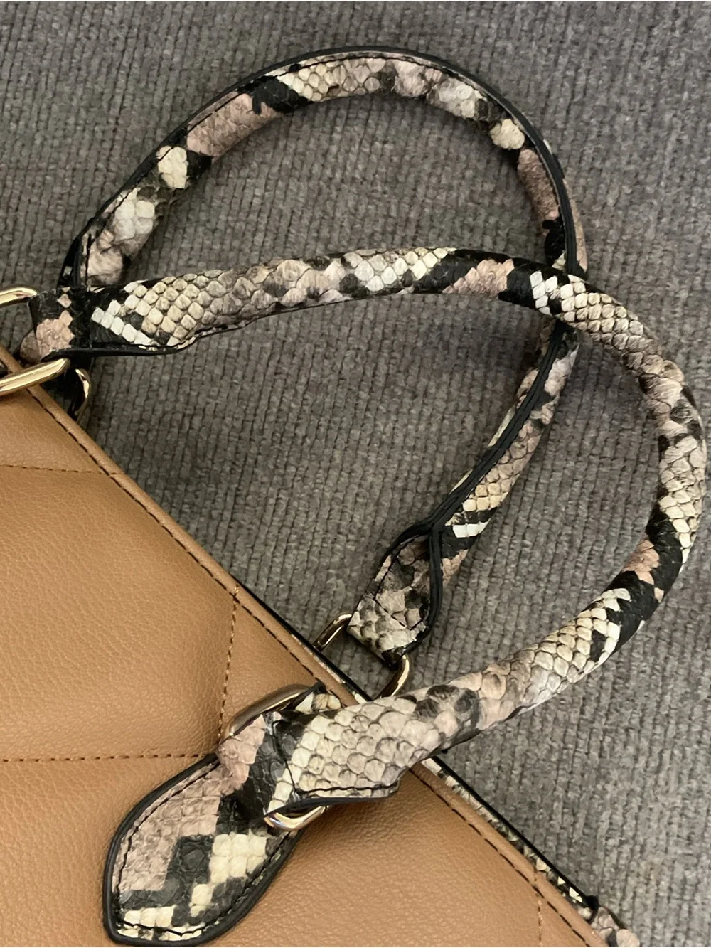 Chico’s Structured Camel and Black Tote Handbag with Snake-Print Trim NWOT